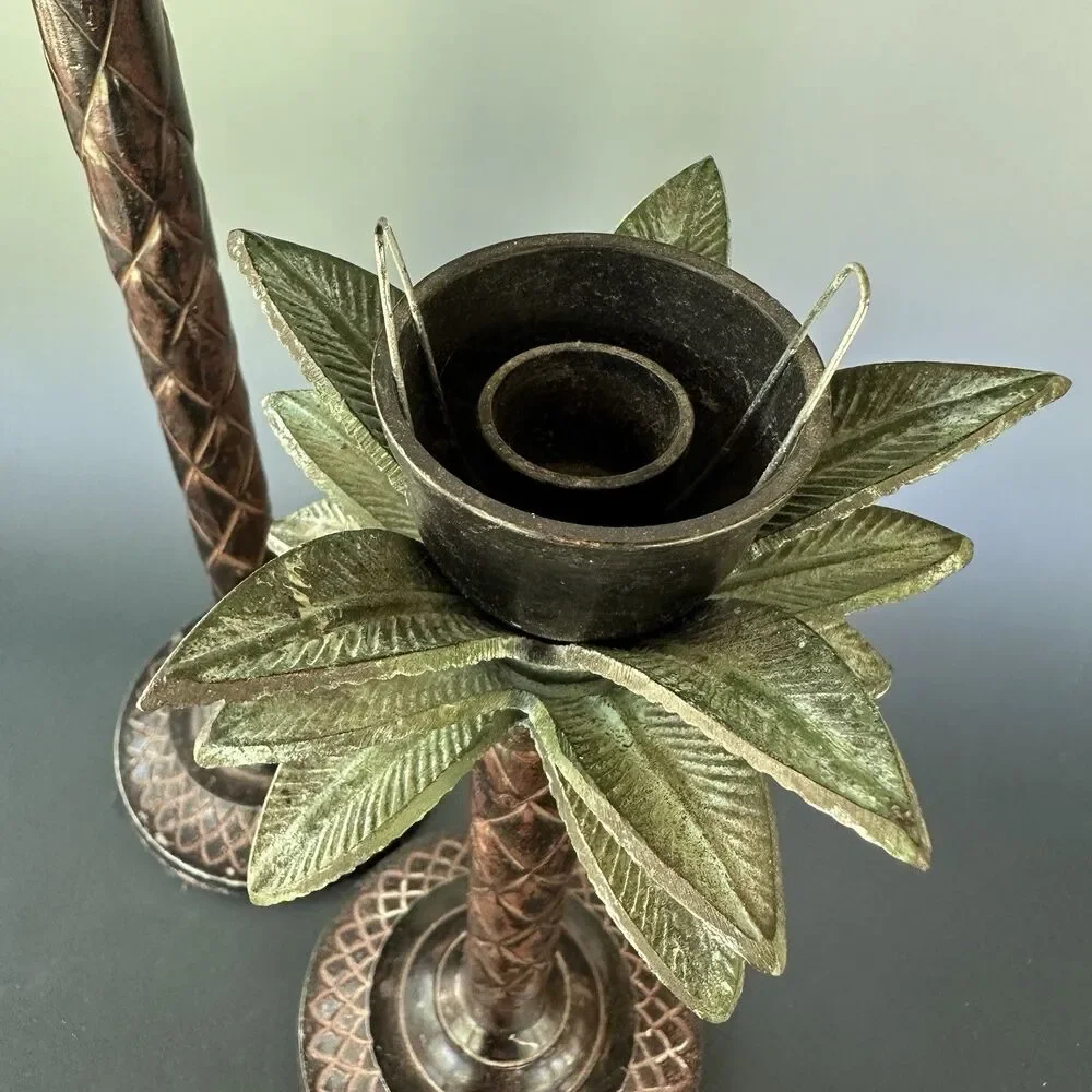 Vintage Palm Tree Candle Holders Hollywood Regency Safari Lodge Colonial Pair